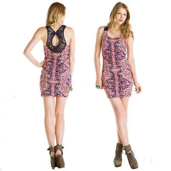 Free People Digital Damsel Open Back Bodycon Mini Dress Pink Blue Floral Size XS - Picture 2 of 16